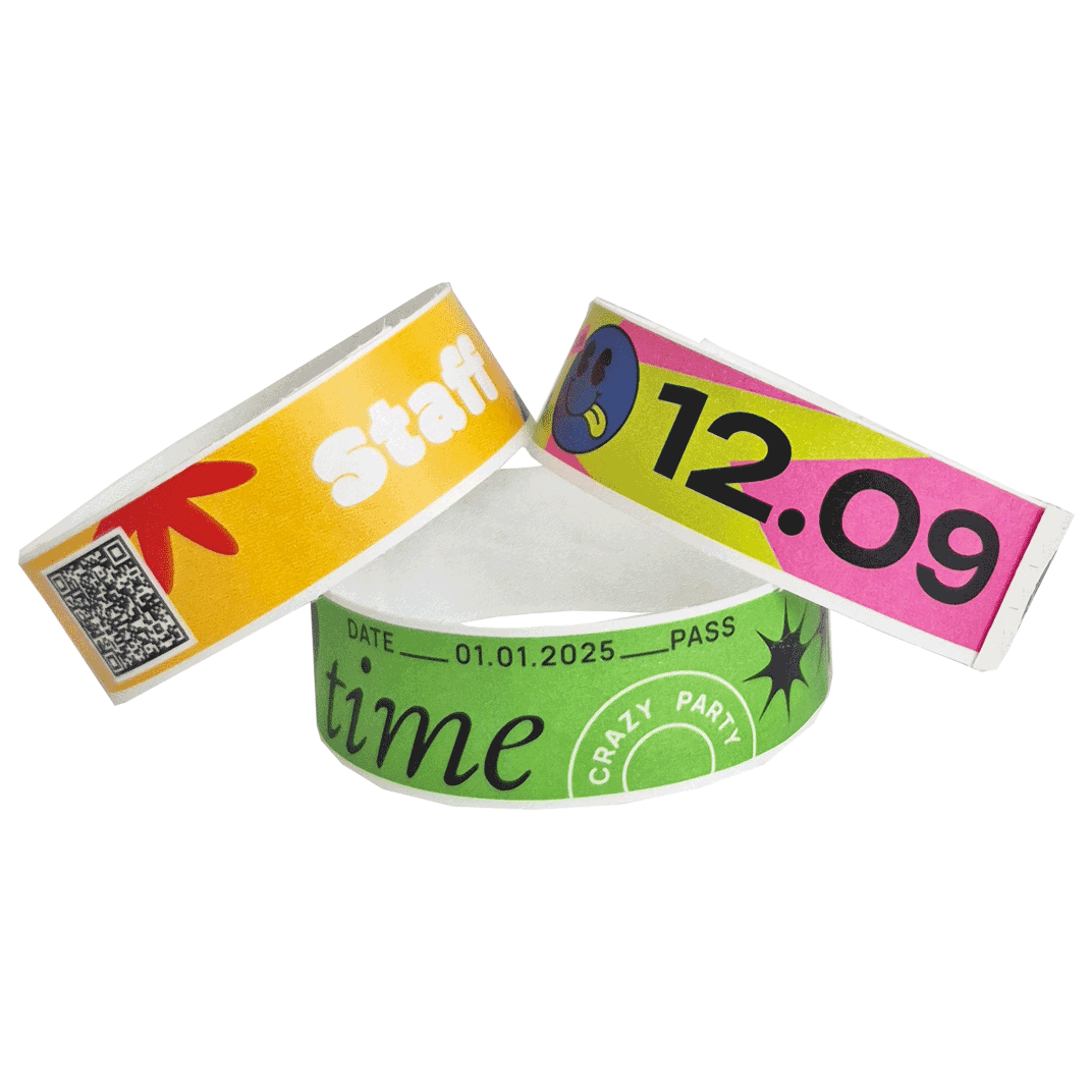 Custom 3/4 inch full-colour Tyvek wristbands with logo, barcode and QR code printing