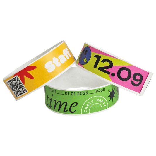 Custom 3/4 inch full-colour Tyvek wristbands with logo, barcode and QR code printing