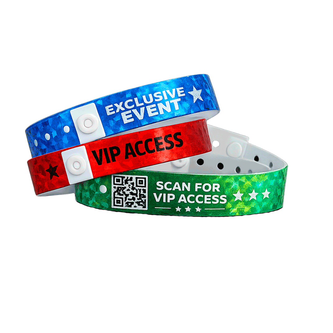 Custom plastic holographic wristbands Canada – reflective multi-day event bands with snap closure