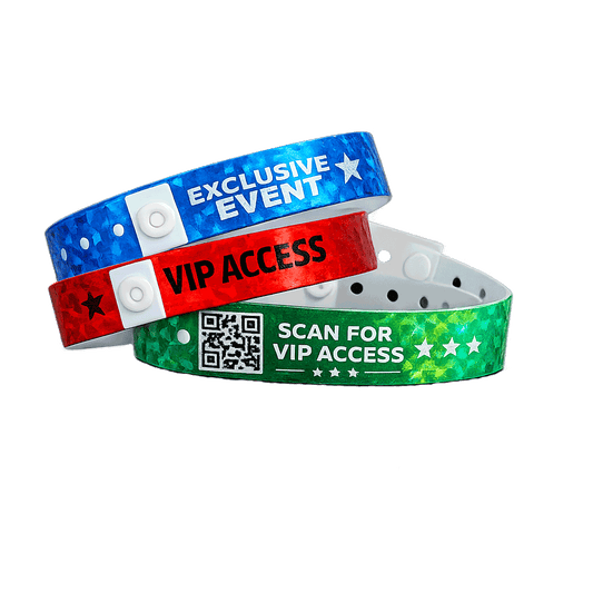 Custom plastic holographic wristbands Canada – reflective multi-day event bands with snap closure