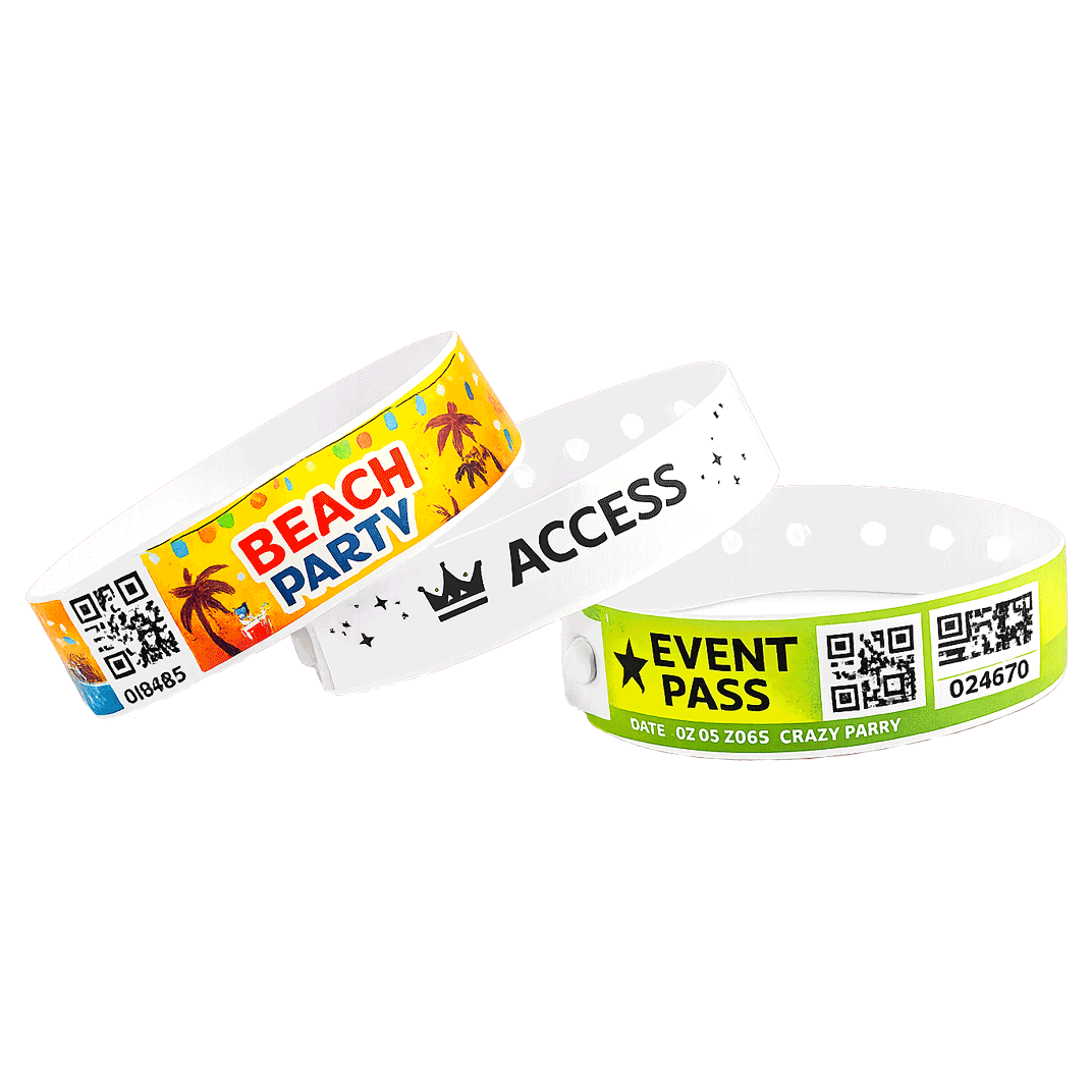 Custom plastic L-shape wristbands Canada – secure event wristbands with long tab space for custom printing