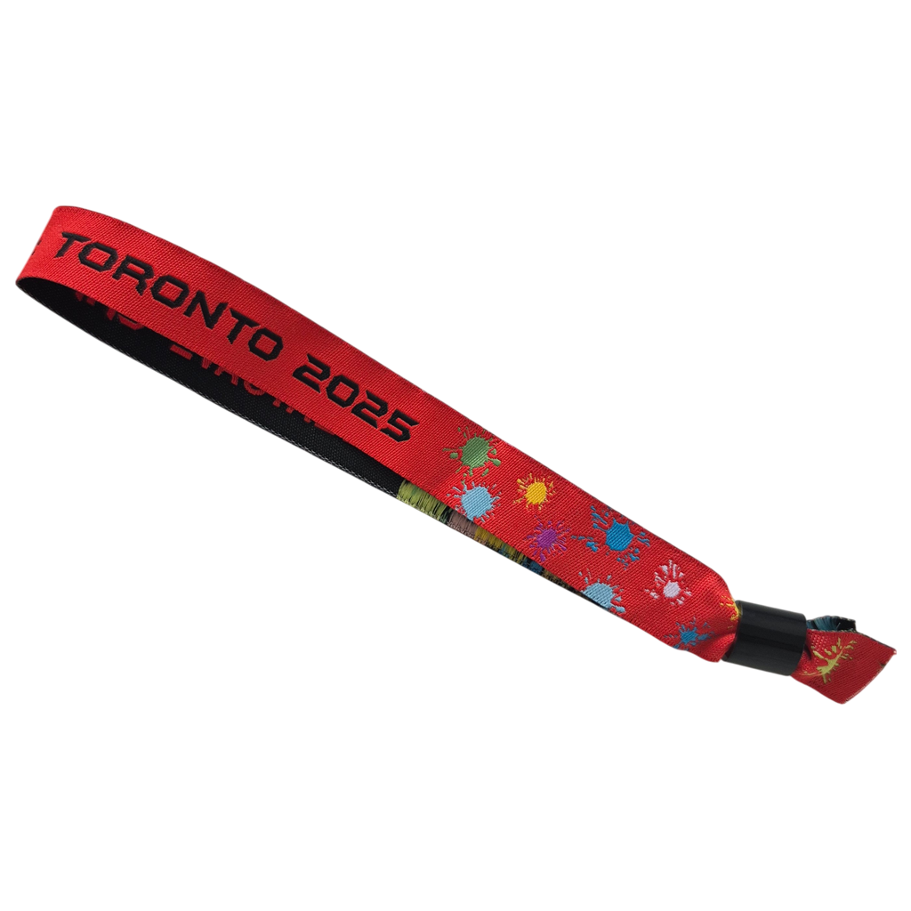 Custom woven fabric cloth bands with full color logos and graphics woven into band for festivals and venue branding