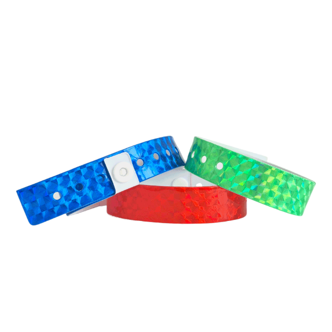 Holographic plastic wristbands in stock colours for VIP event access in Canada