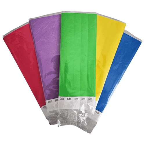 3/4 inch Tyvek wristbands solid colors in 100 packs for small events, celebrations and parties