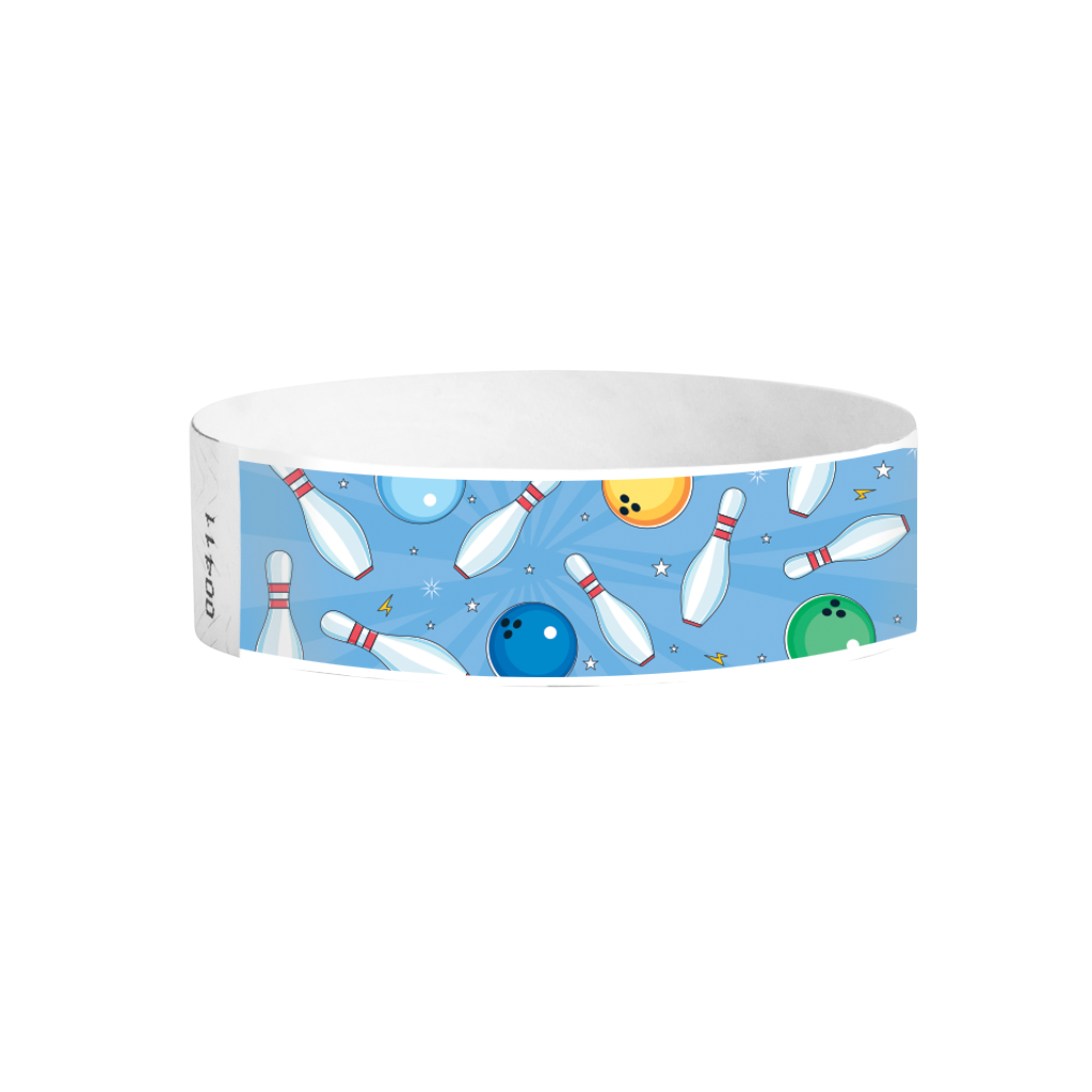 Bowling Fun blue full-colour Tyvek wristbands Canada – colourful bowling pattern wristbands for events