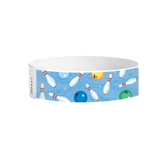Bowling Fun blue full-colour Tyvek wristbands Canada – colourful bowling pattern wristbands for events