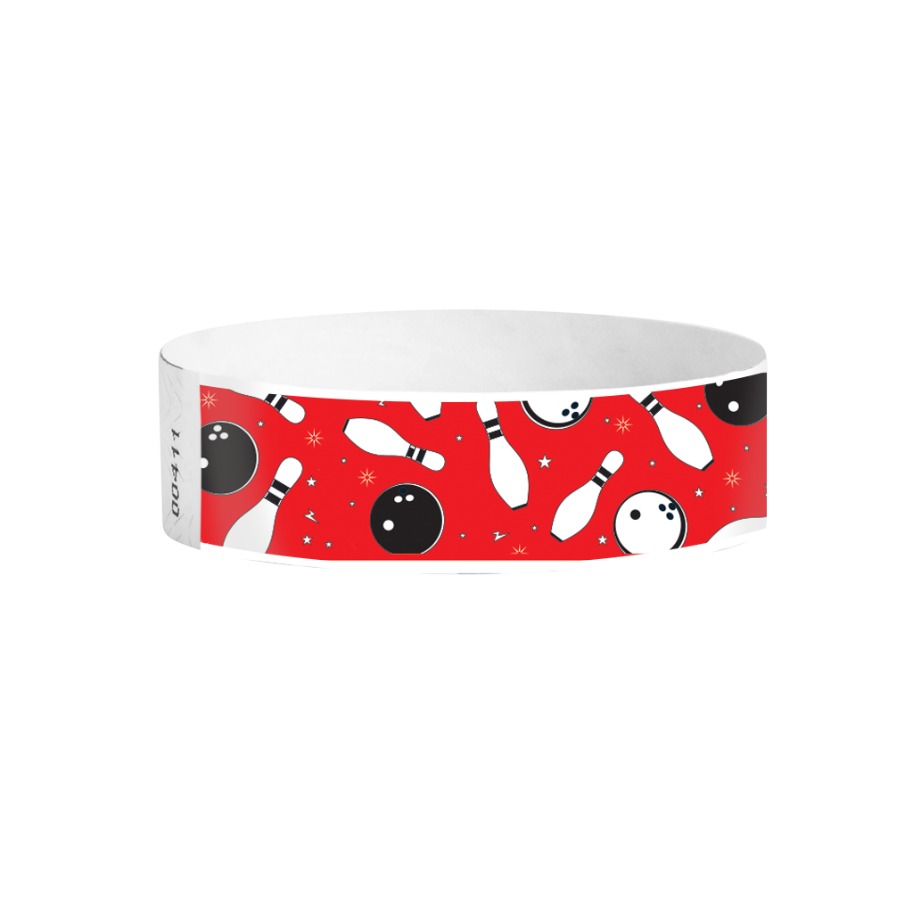 Bowling Fun red full-colour Tyvek wristbands Canada – bright bowling-themed wristbands for parties and bowling attractions