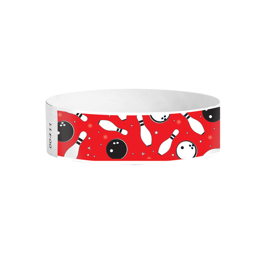 Bowling Fun red full-colour Tyvek wristbands Canada – bright bowling-themed wristbands for parties and bowling attractions