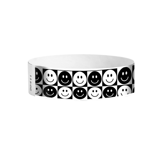 Checkered Happy Face Tyvek wristbands Canada – black and white smiley pattern event wristbands