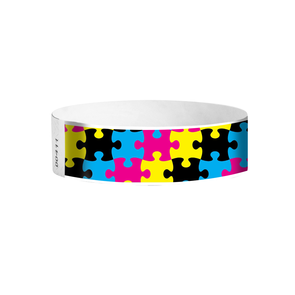 Puzzle Tyvek wristbands Canada – colourful puzzle-piece patterned wristbands for kids’ events and parties
