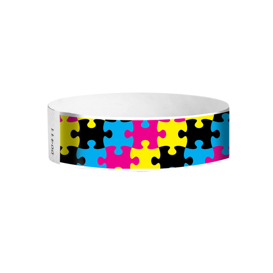 Puzzle Tyvek wristbands Canada – colourful puzzle-piece patterned wristbands for kids’ events and parties